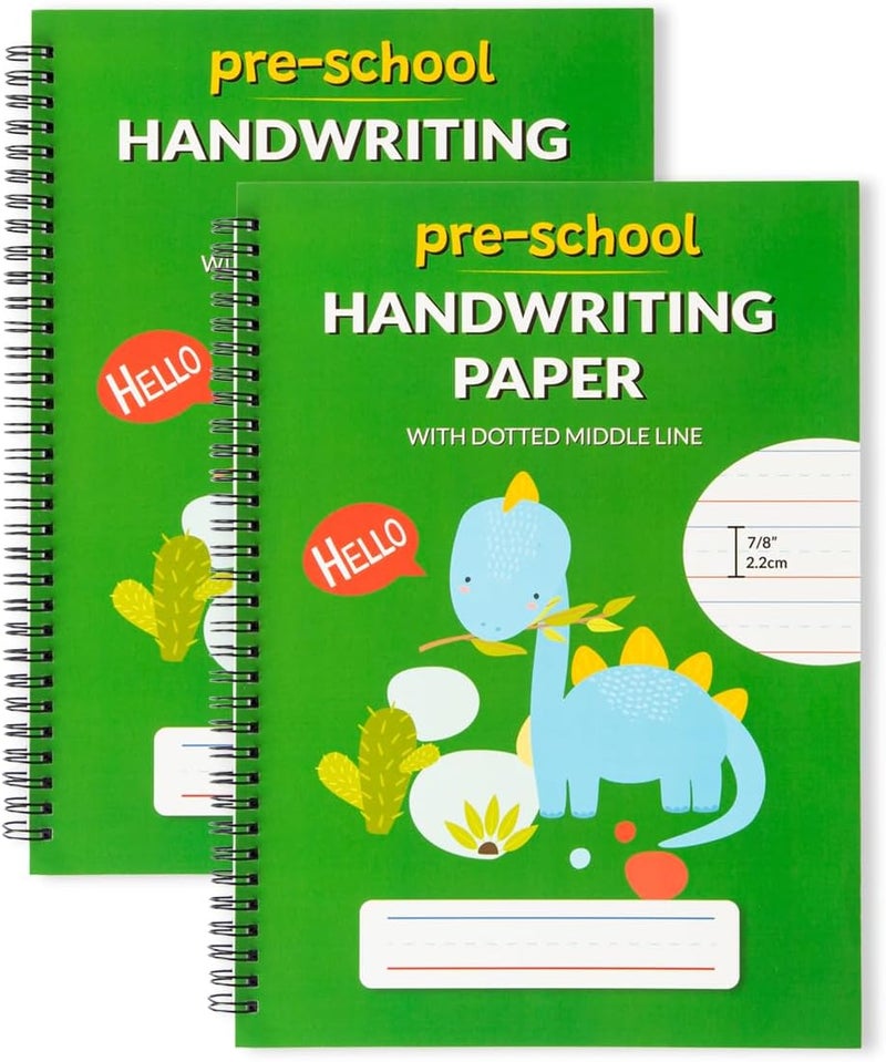 Learning Owl A4 Lined Handwriting Practice Notebook for Kids – Dotted Midline, Spiral Bind, Pre-K, Kindergarten, 100 Thick Pages (2, Green Dino) - Image 1